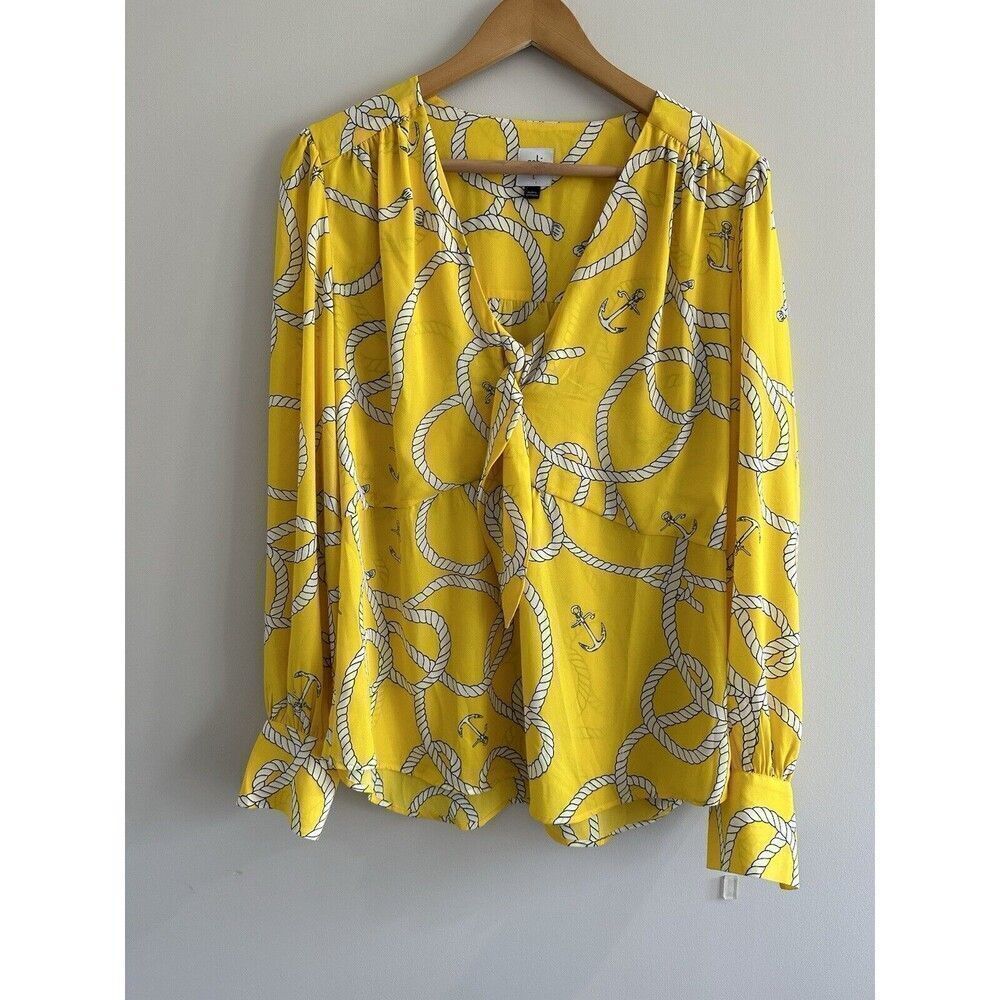 Cabi Nautical Rope Print Yellow Long Sleeve Blouse Mia Reef Knot Large